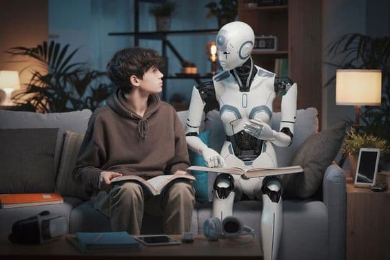 Innovador robot maestro de IA asistiendo a un adolescente con la tarea.