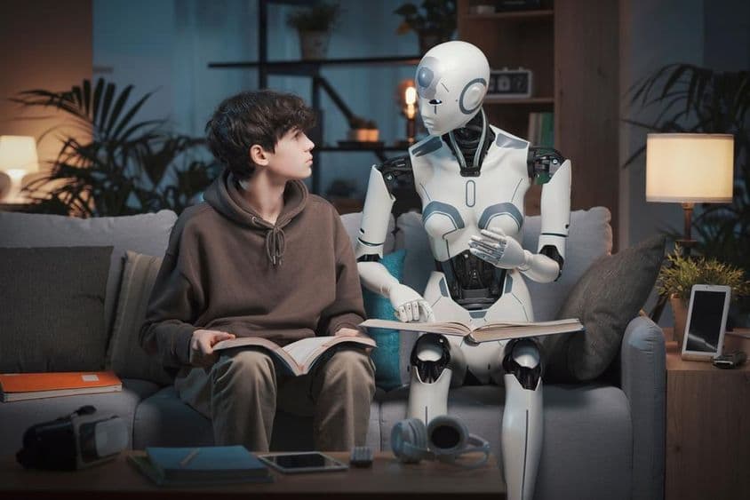 Innovador robot maestro de IA asistiendo a un adolescente con la tarea.