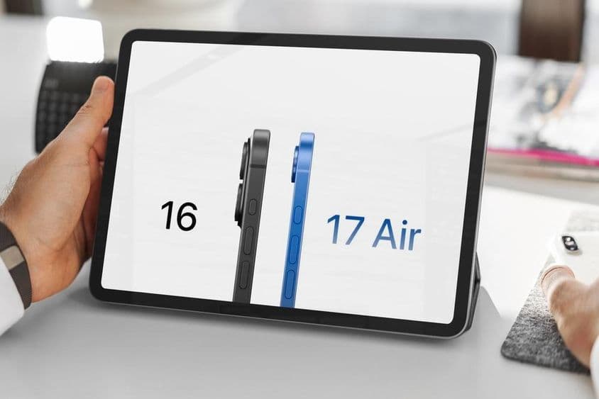 Persona de negocios compara iPhone 16 y iPhone 17 en una tableta.