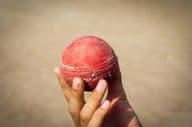 Pelota de cricket en mano.