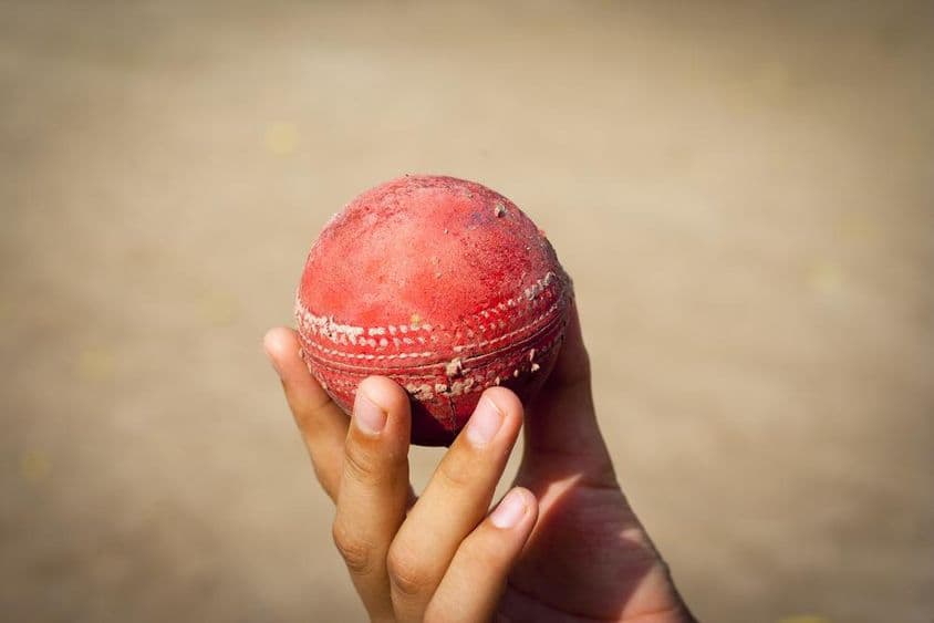 Pelota de cricket en mano.