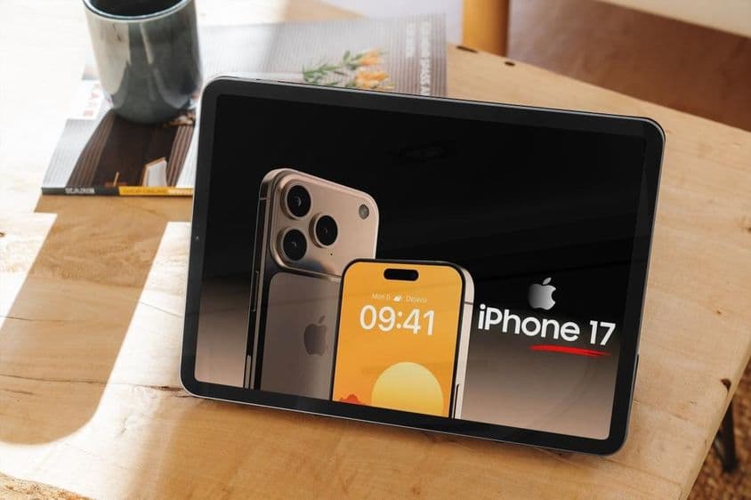 Anuncio del iPhone 17 en una tableta, colocada sobre una mesa de madera.