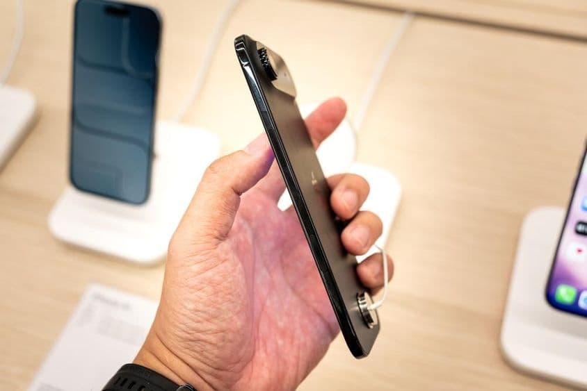 Sosteniendo un nuevo iPhone 17 Air en una tienda.