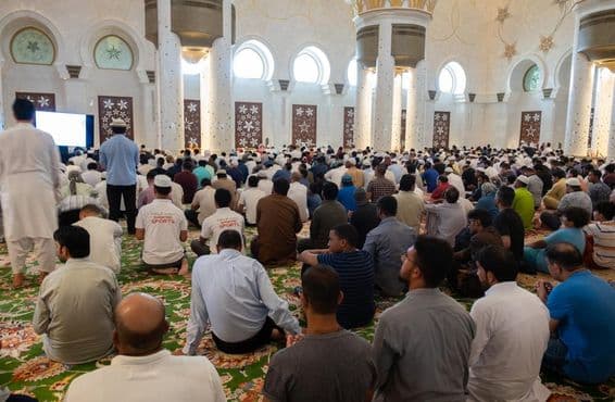 Personas participando en la oración del viernes en la Mezquita Sheikh Zayed, Abu Dhabi.