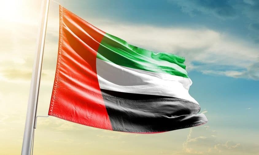 La bandera de los Emiratos Árabes Unidos ondea en el hermoso cielo.