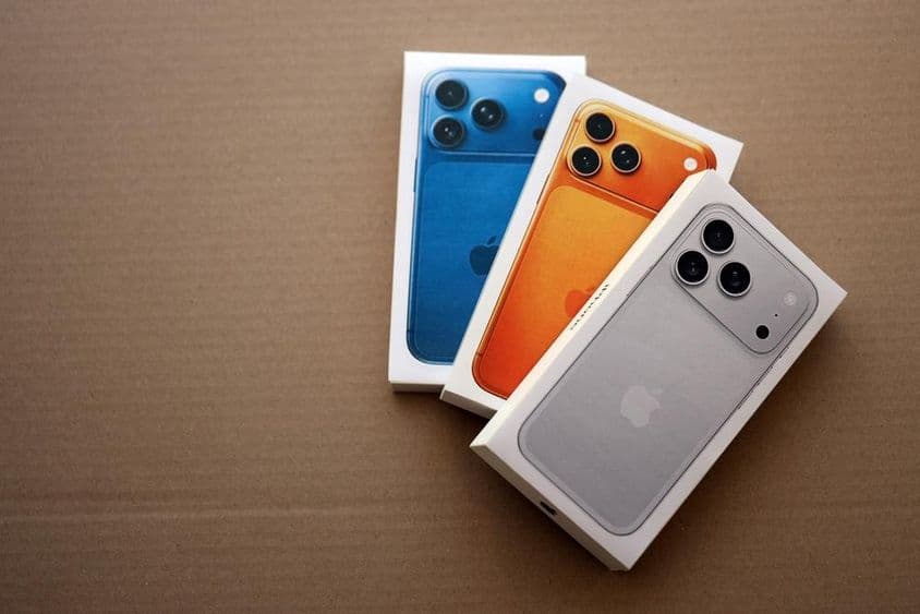 Caja del Apple iPhone 17 Pro Max Silver y cajas de otros modelos de iPhone.