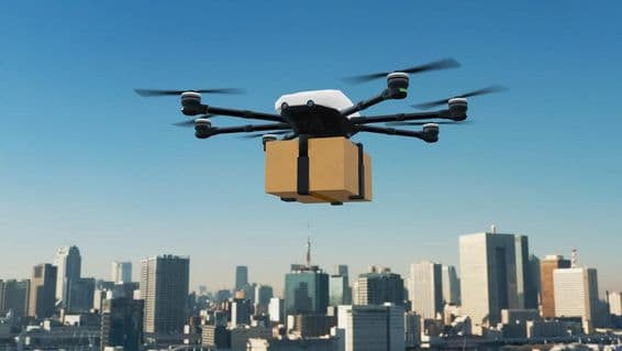 Vehículo aéreo no tripulado autónomo transportando paquetes.
