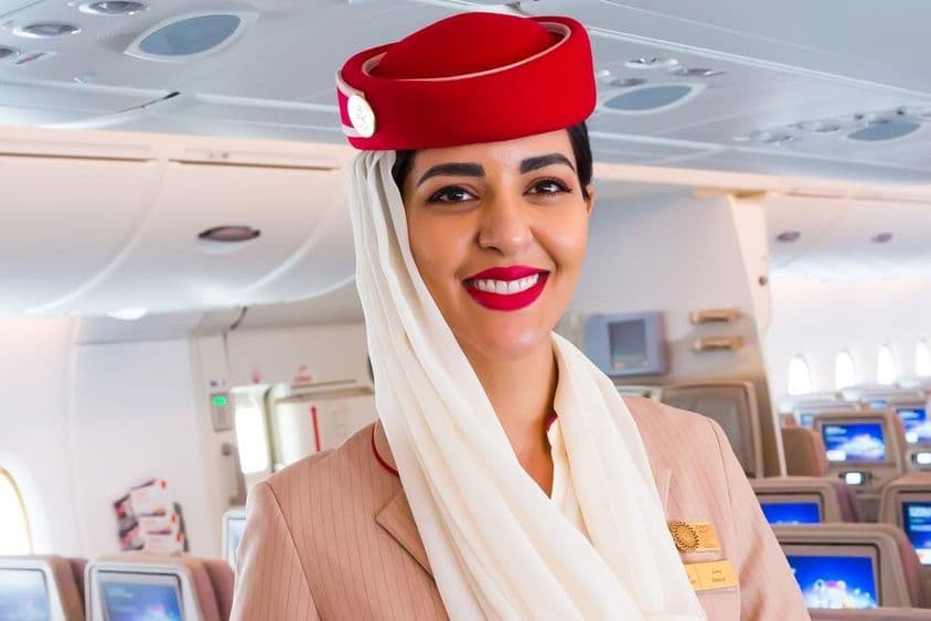 Asistente de vuelo sonriendo, aerolínea Emirates.