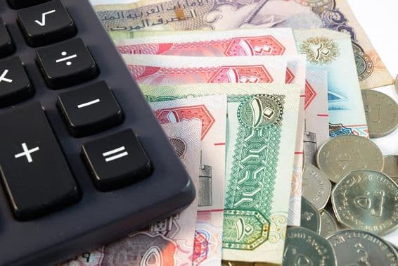 Primer plano de varios billetes y monedas de los Emiratos Árabes Unidos.