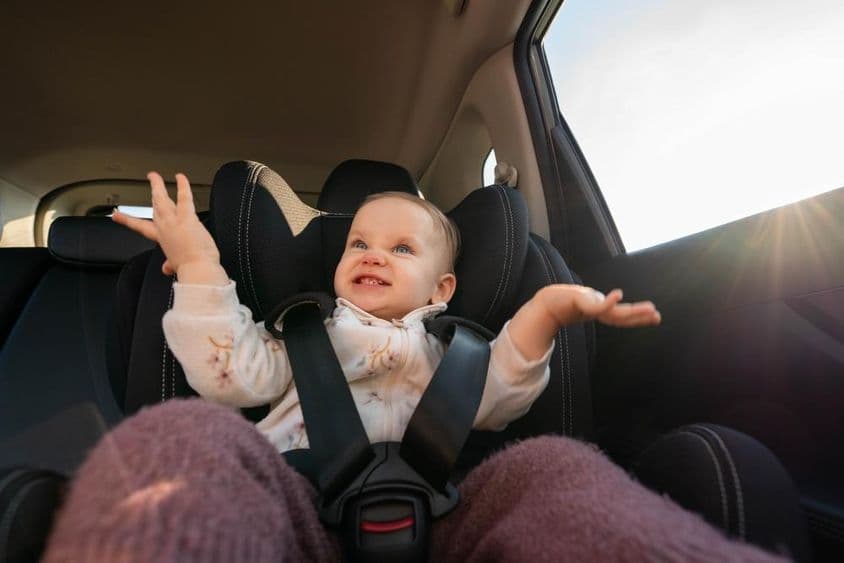 Bebé feliz aplaudiendo en una silla de coche durante un viaje familiar.