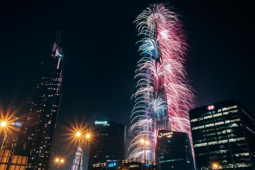 Fuegos artificiales espectaculares de Nochevieja en el Burj Khalifa, el edificio más alto del mundo.