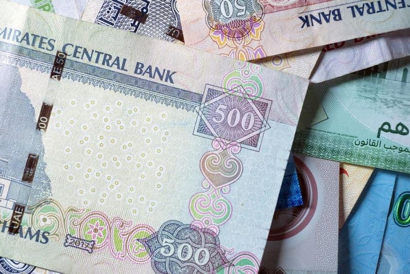 AED, billete y moneda, Emiratos Árabes Unidos.