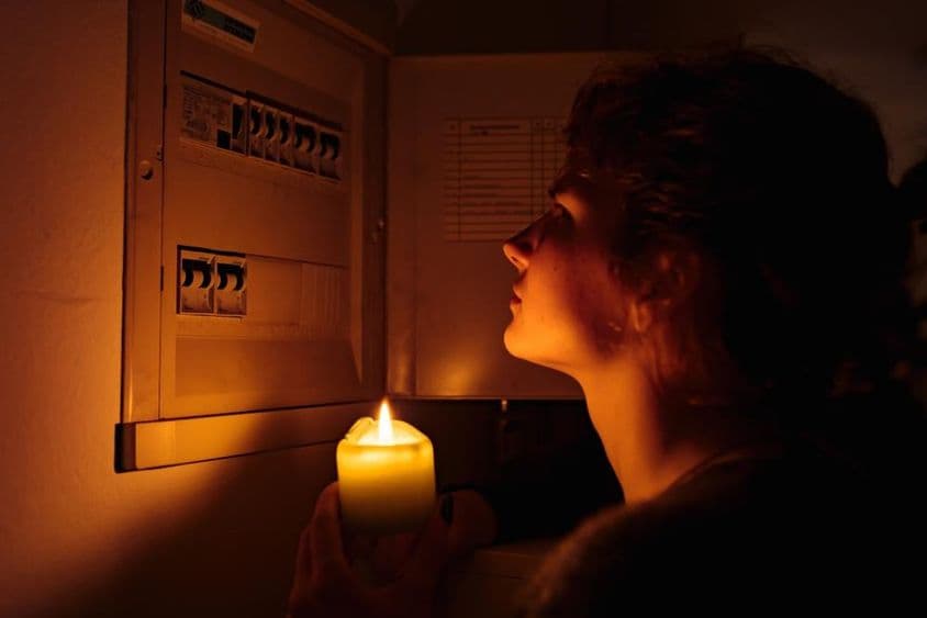 Mujer joven examina cuadro eléctrico en casa en completa oscuridad con velas.