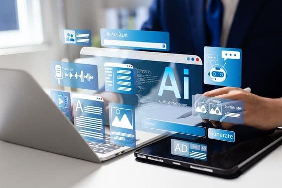 Hombre usando computadora portátil para acceder a herramientas de inteligencia artificial.