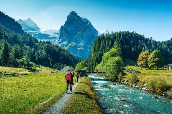 Grupo de turistas caminando a lo largo de un río en un bosque en el cantón de Berna, Suiza.