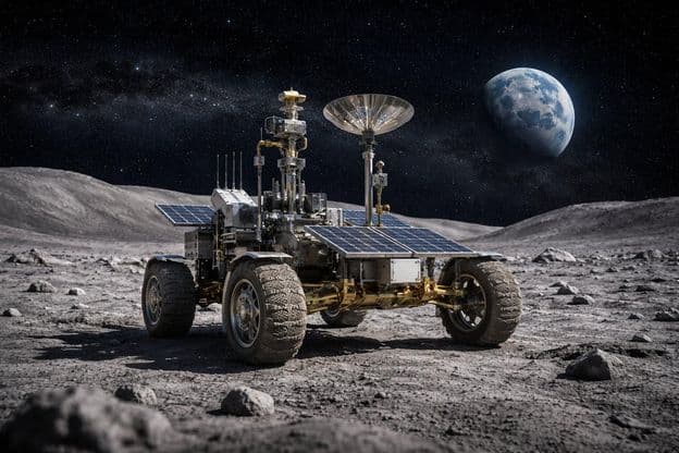 Un rover lunar con la Tierra en el fondo.
