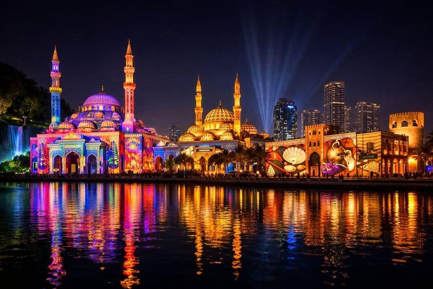 Edificios de Sharjah bañados en luz.