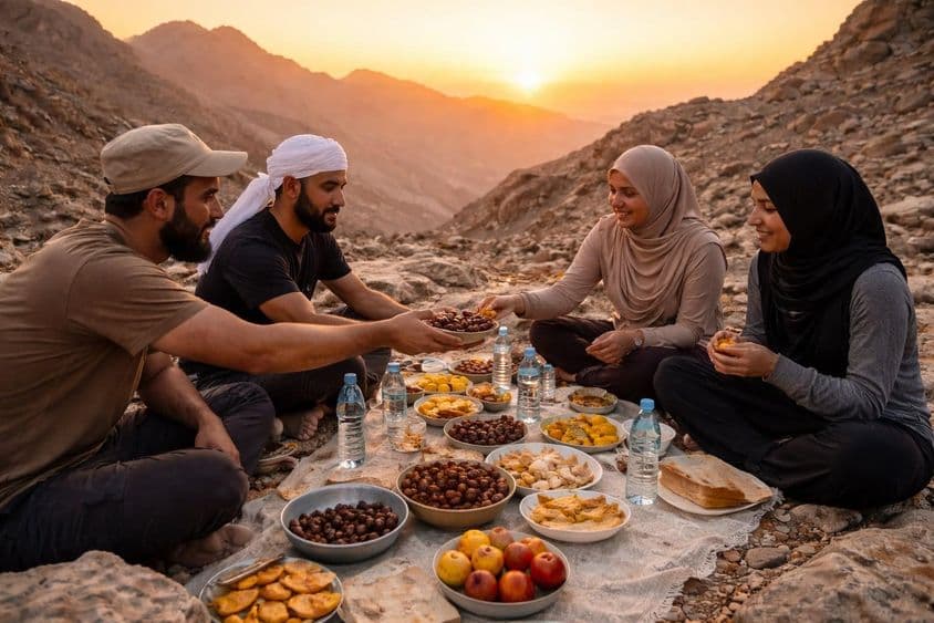 Iftar al atardecer en el silencio de la montaña