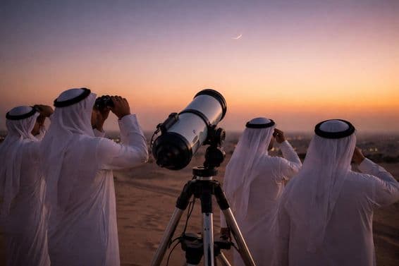 Observación de la luna creciente del Ramadán en el cielo vespertino.