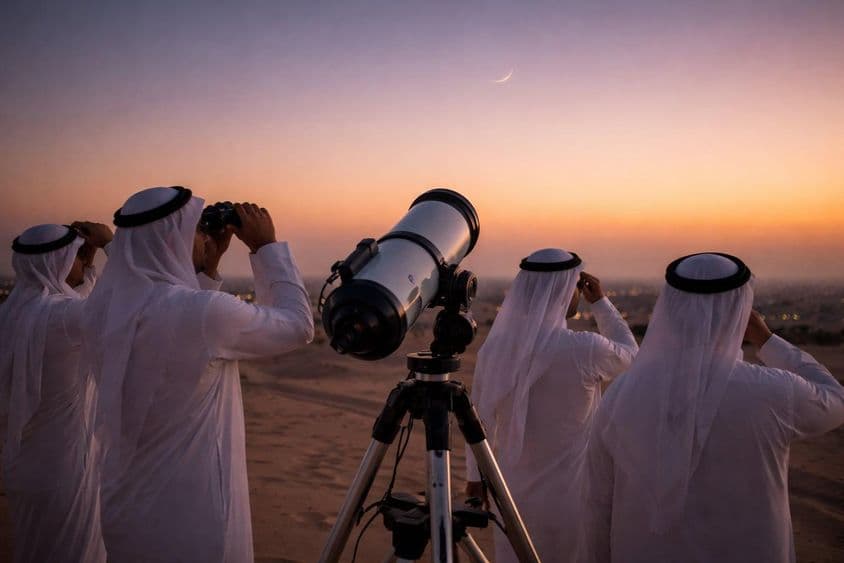 Observación de la luna creciente del Ramadán en el cielo vespertino.