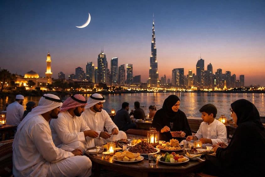 Iftar de Ramadán por la noche con el horizonte de Dubái.