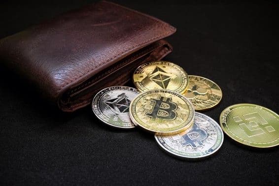 Criptomoneda con cartera de cuero.
