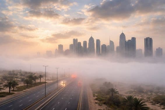 Dubái cubierto de niebla al amanecer
