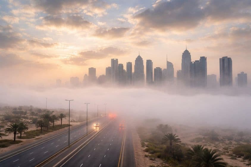 Dubái cubierto de niebla al amanecer