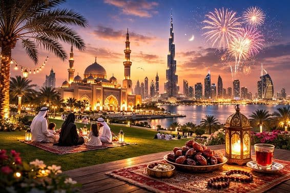 Celebración de Eid con el horizonte de Dubái