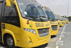 Varios autobuses escolares amarillos alineados en un estacionamiento en Dubái.