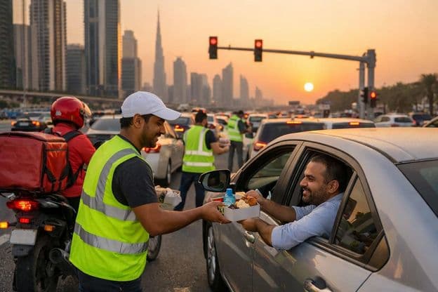 Distribución de iftar durante Ramadán en las carreteras de Dubái