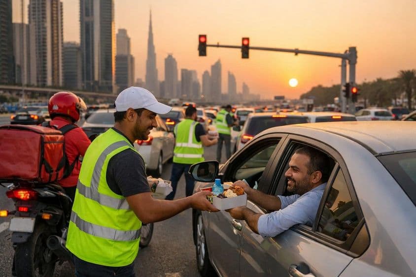 Distribución de iftar durante Ramadán en las carreteras de Dubái