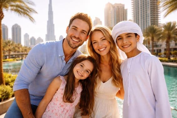 Familia frente al horizonte de Dubái