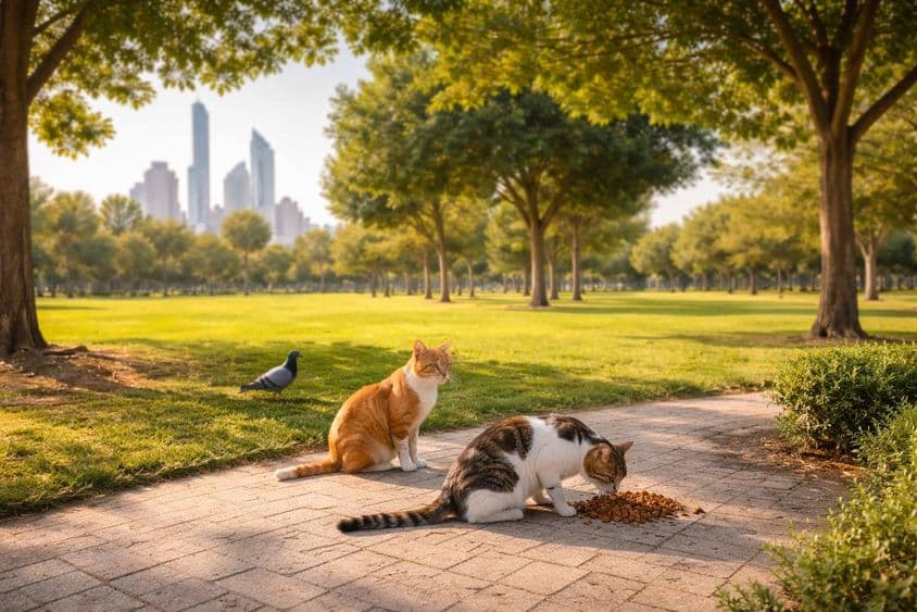 Gatos callejeros comiendo en un parque