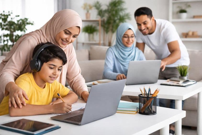 Familia aprendiendo en línea en casa