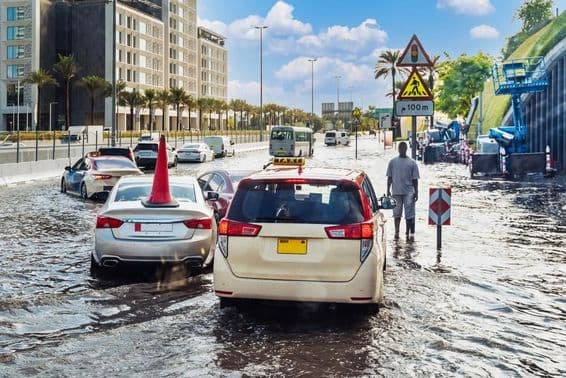Lluvia intensa y calle inundada en los Emiratos Árabes Unidos.