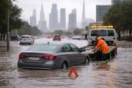 Auto en una calle inundada de Dubái