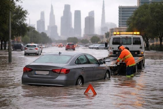 Auto en una calle inundada de Dubái