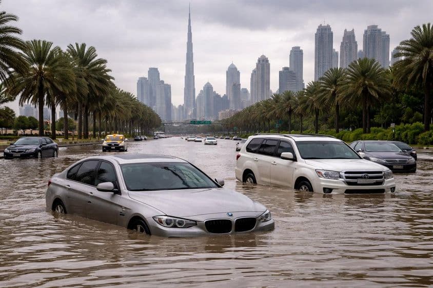 Coches inundados en las calles de Dubái