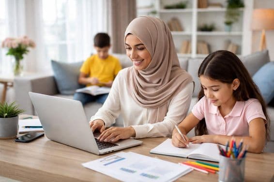 Trabajo desde casa con la familia reunida