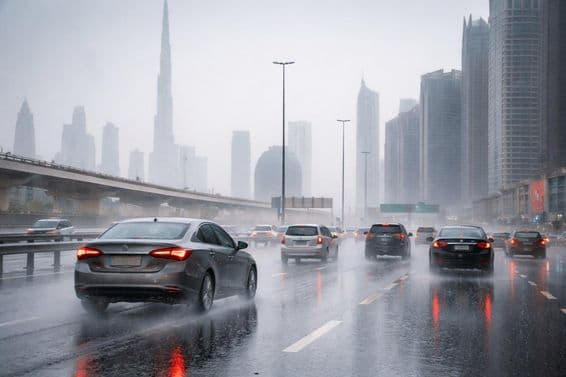 Frenado bajo la lluvia en carreteras de Dubái
