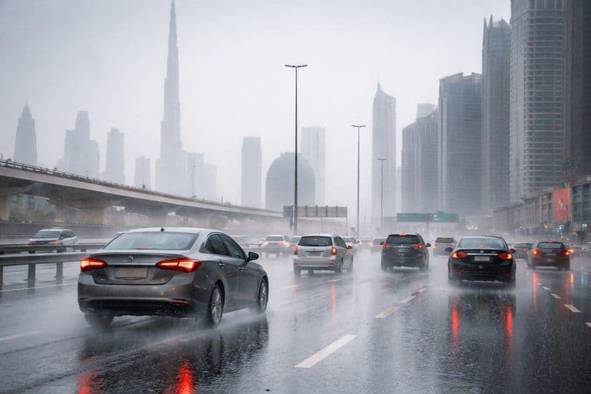 Frenado bajo la lluvia en carreteras de Dubái