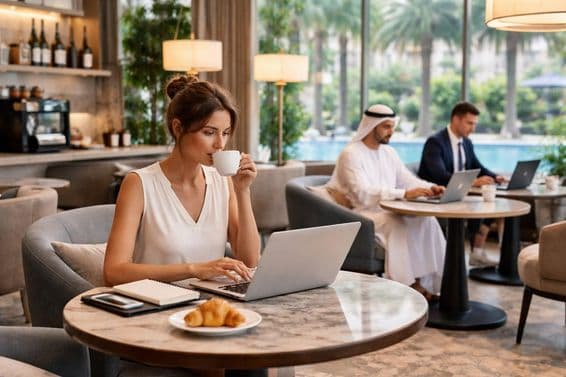 Ambiente moderno de trabajo en hotel.