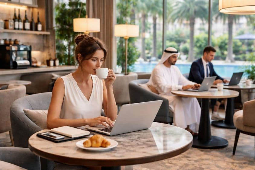 Ambiente moderno de trabajo en hotel.