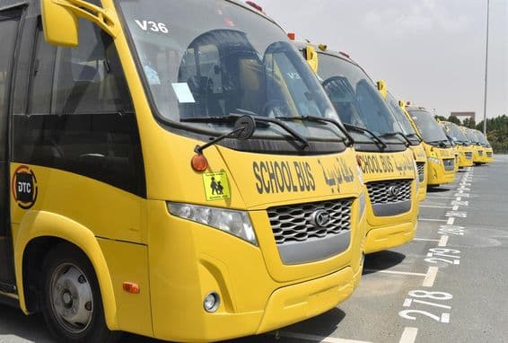 Varios autobuses escolares amarillos alineados en un estacionamiento de Dubái
