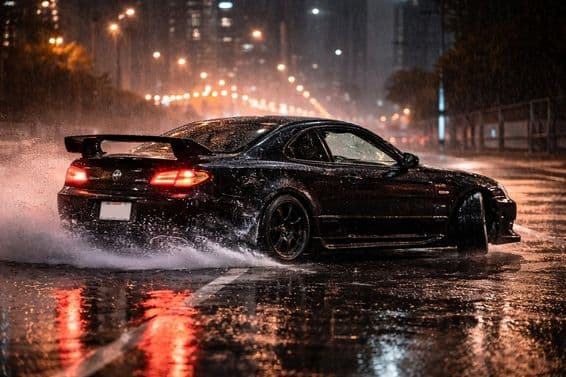 Coche derrapando bajo la lluvia