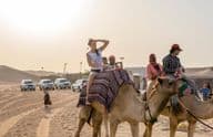 Turistas montando camellos en el desierto.